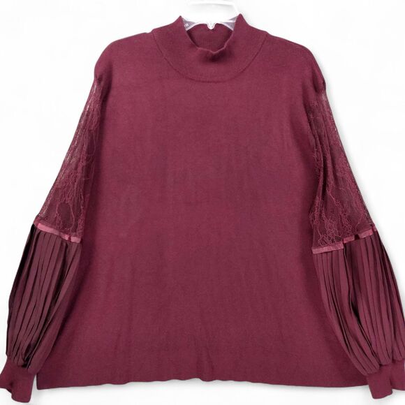 Belldini Plus 3X Top Burgundy Mock Neck Sweater Lace Chiffon Pleated Romantic - Picture 1 of 8